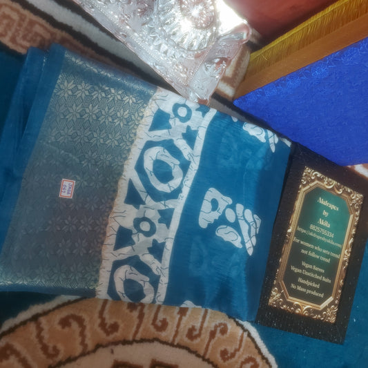 Blue vegan linen batik weaving border saree JA26067