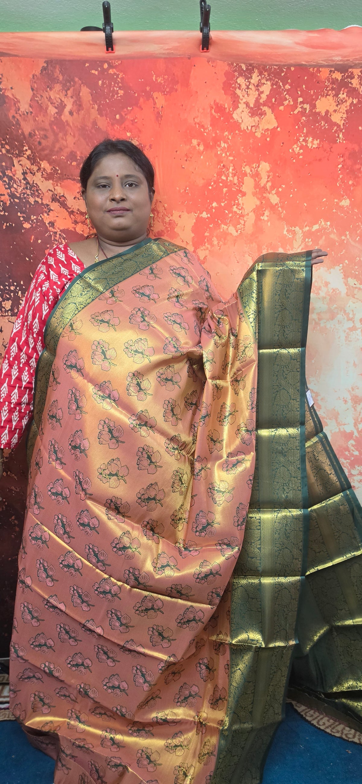 Peach with Green Mangala Pushpam Vegan Kanchi tissue saree JA25295
