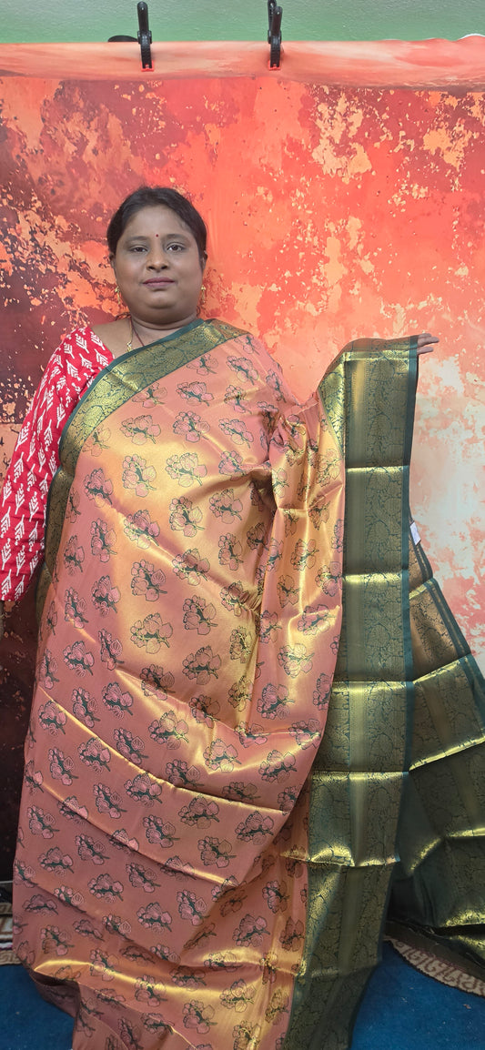 Peach with Green Mangala Pushpam Vegan Kanchi tissue saree JA25295