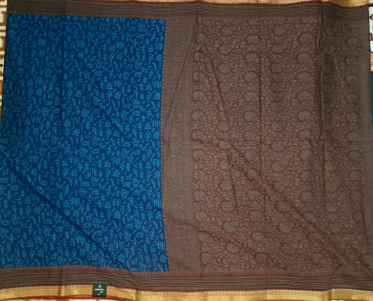 Blue Warli kala Vegan Muslin cotton saree HA25479