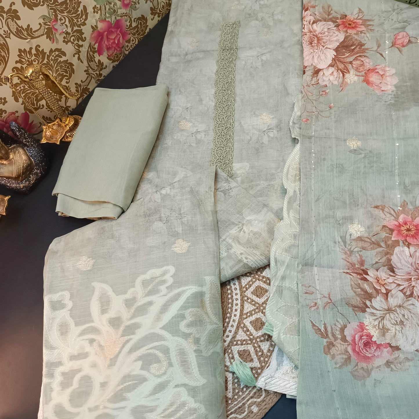 Mint Green Linen Jamdhani Cutwork vegan Unstitched Suit PA25066