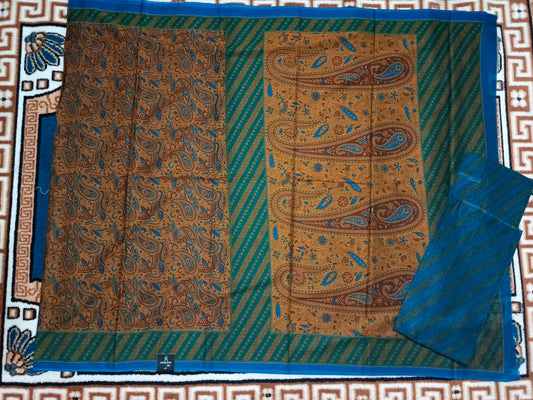 Yellow Paisley screen printed vegan muslin saree HA25544