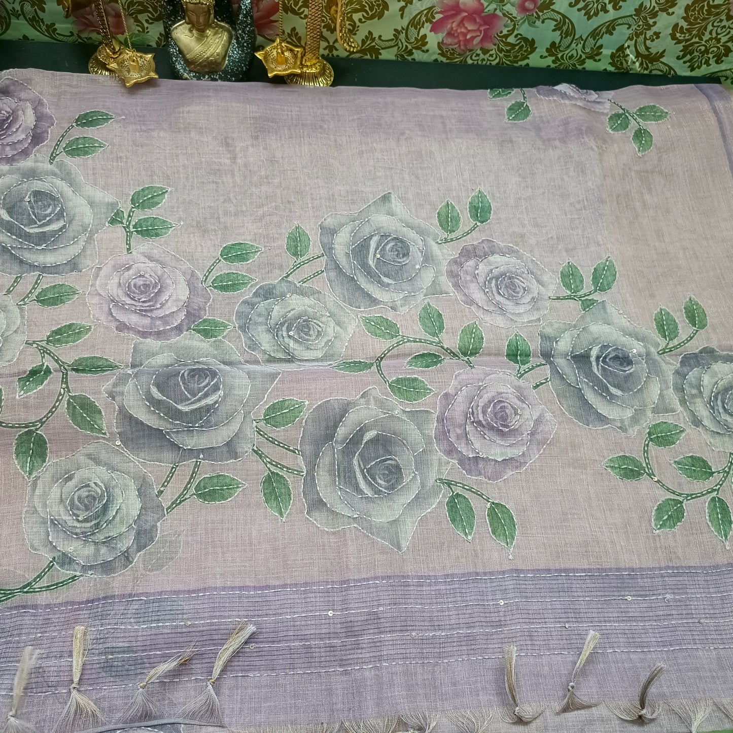 Purple Kantha blooms Vegan linen kantha work saree SA25710