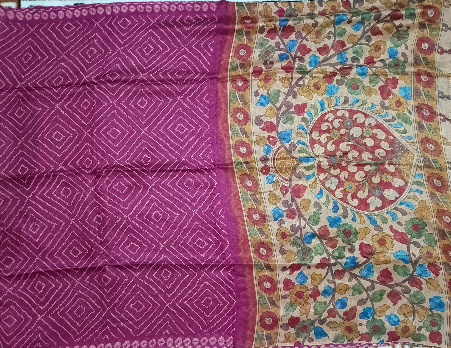 Majenta Fushion bandhini Kalamkari Malai cotton saree HA25417