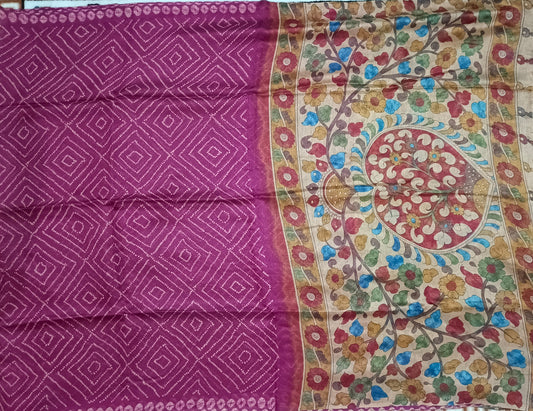 Majenta Fushion bandhini Kalamkari Malai cotton saree HA25417