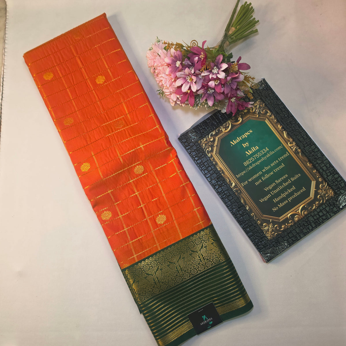 Orange green Parampara vegan kanchi silk saree GA26154