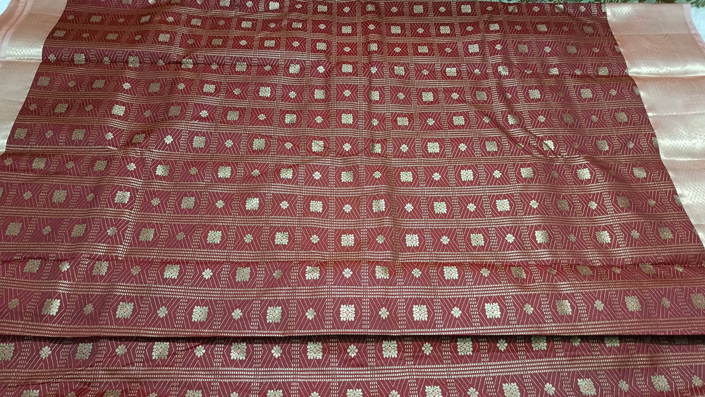 Maroon with pastel peach Parijatham Vegan premium kanchi brocade silk saree LA25929