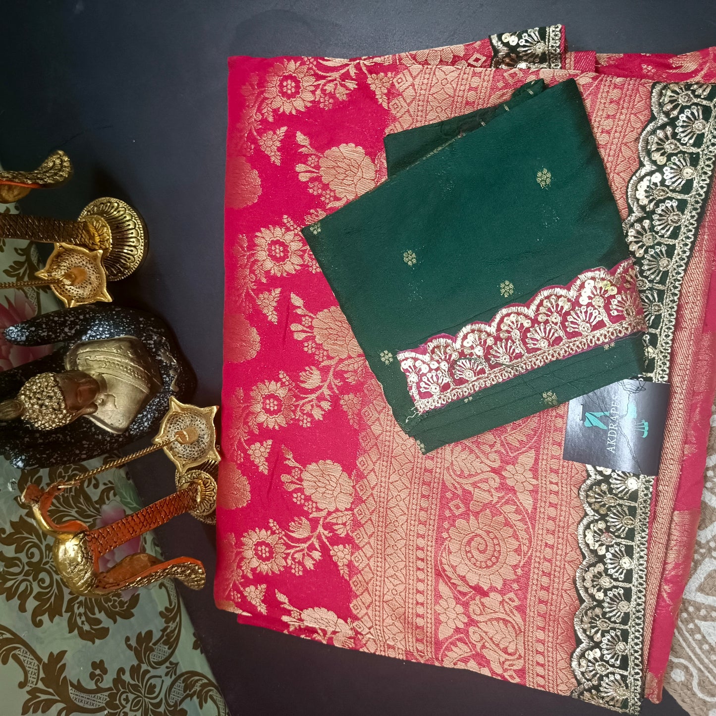 Reddish pink with green Royal banarasi vegan kaddi georgette saree JA25330