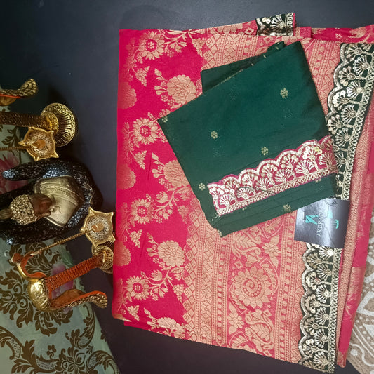 Reddish pink with green Royal banarasi vegan kaddi georgette saree JA25330