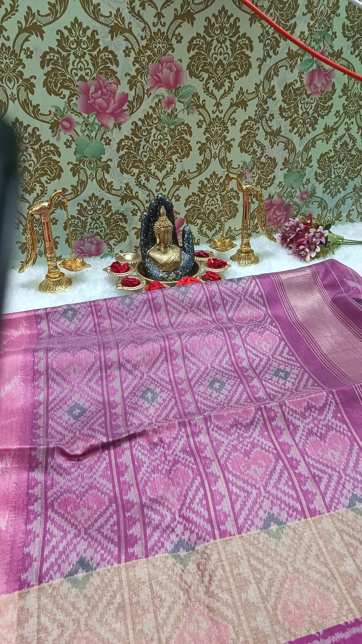 Pink with Purple Leheriya Handweave Ikkat Vegan silk Cotton Saree HA25432
