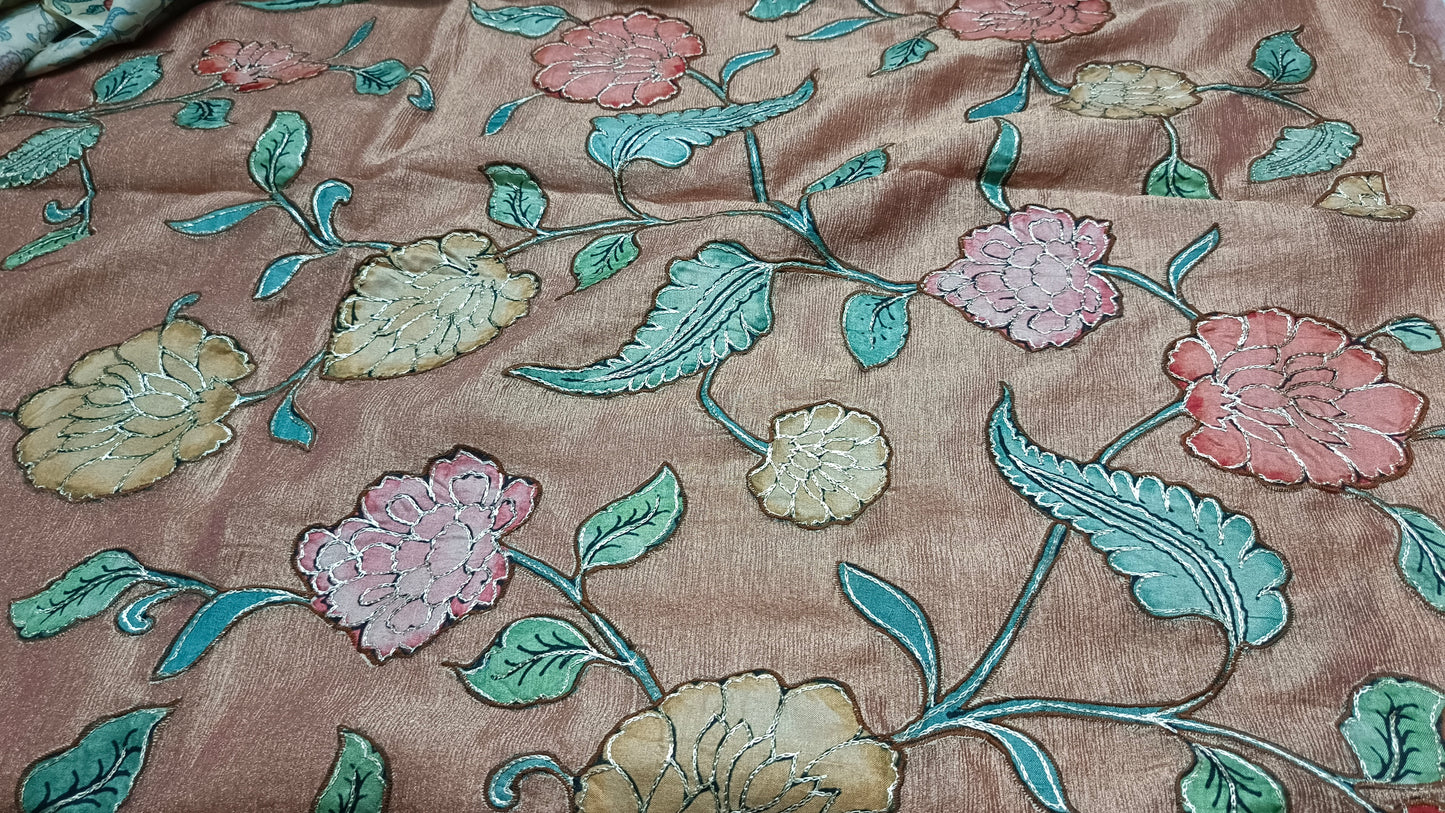 Rose Gold Floral symphony applique vegan tissue saree SA25715