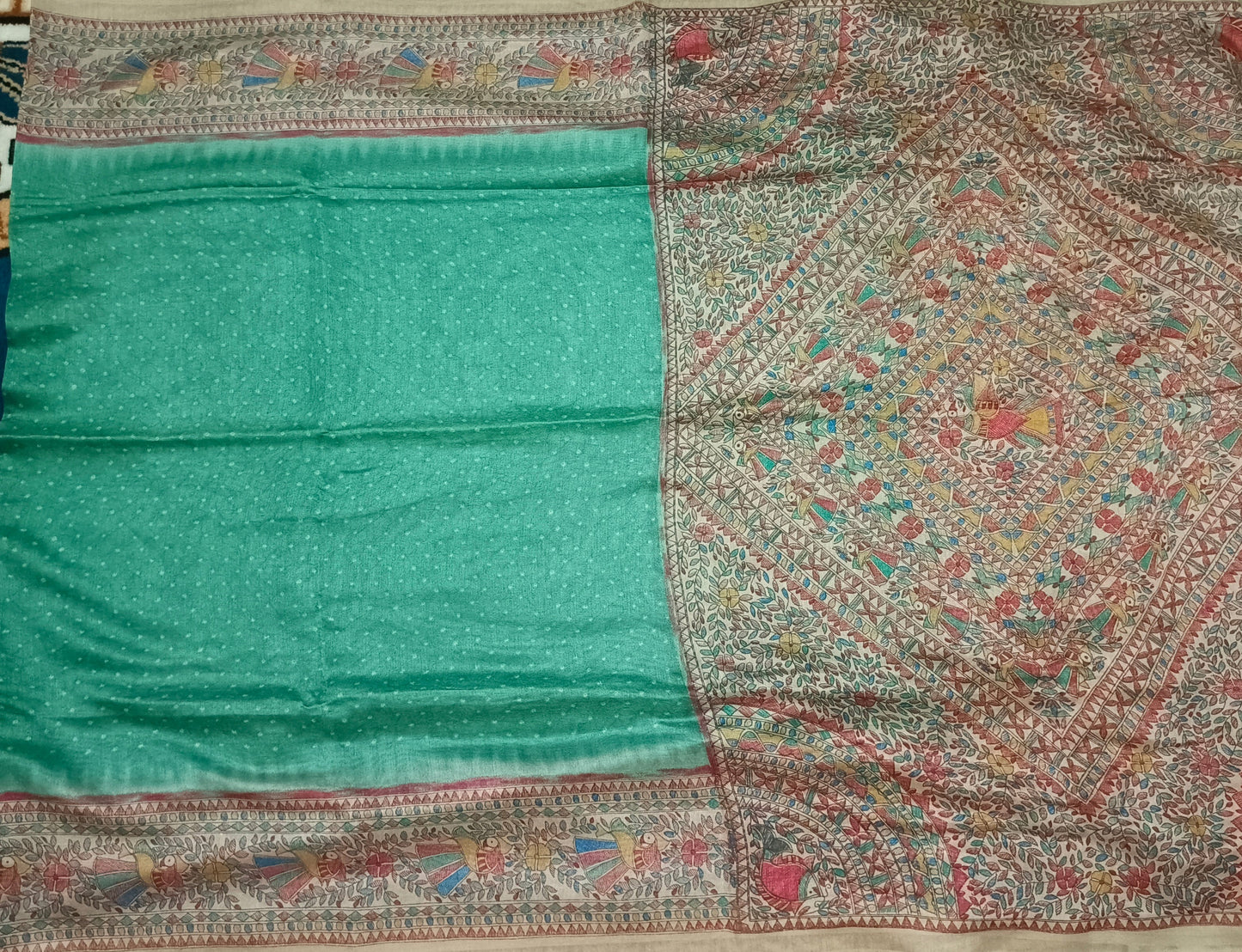 Green Fushion bandhini madhubani Malai cotton saree HA25527