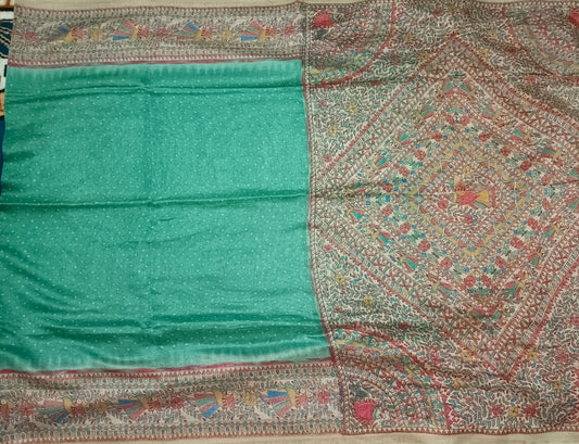 Green Fushion bandhini madhubani Malai cotton saree HA25527