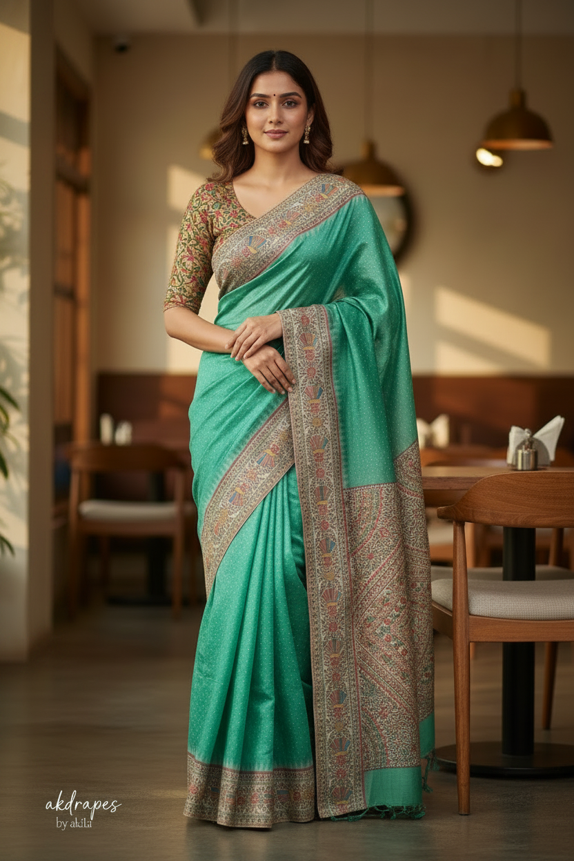 Green Fushion bandhini madhubani Malai cotton saree HA25527