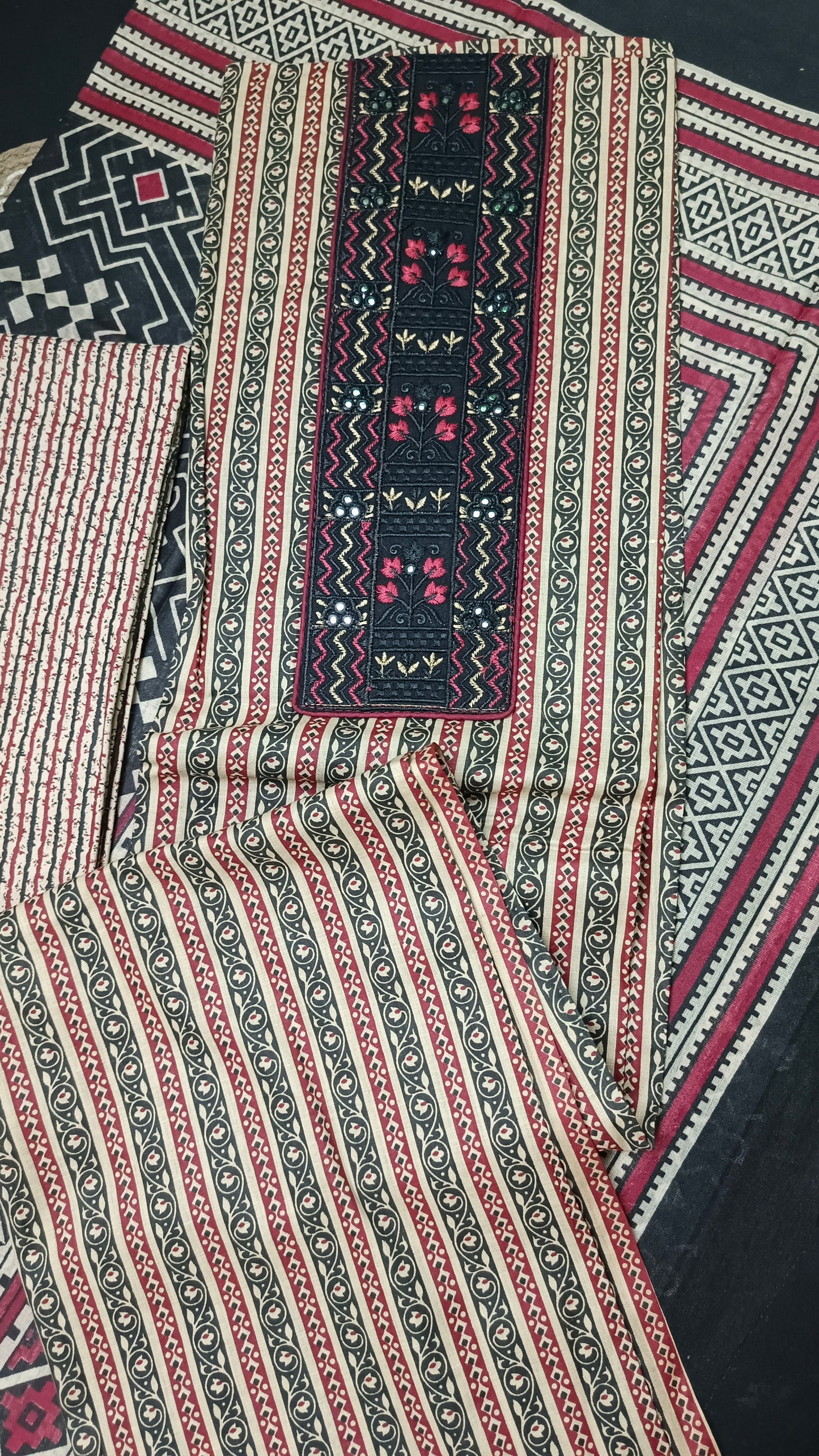 Black Mull Cotton suits black and red neck thread work HA25340