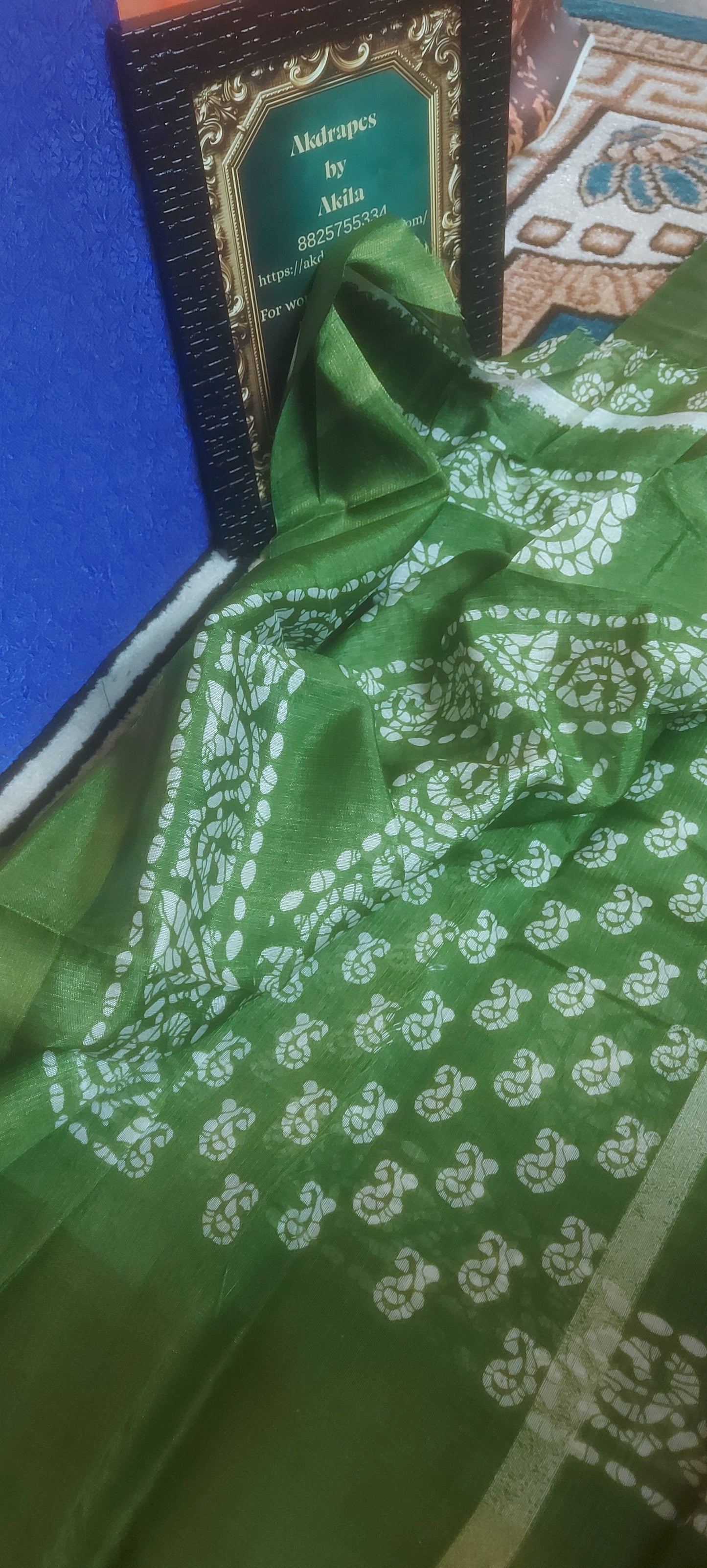 Fern Green Mango Batik linen zari border saree JA26028