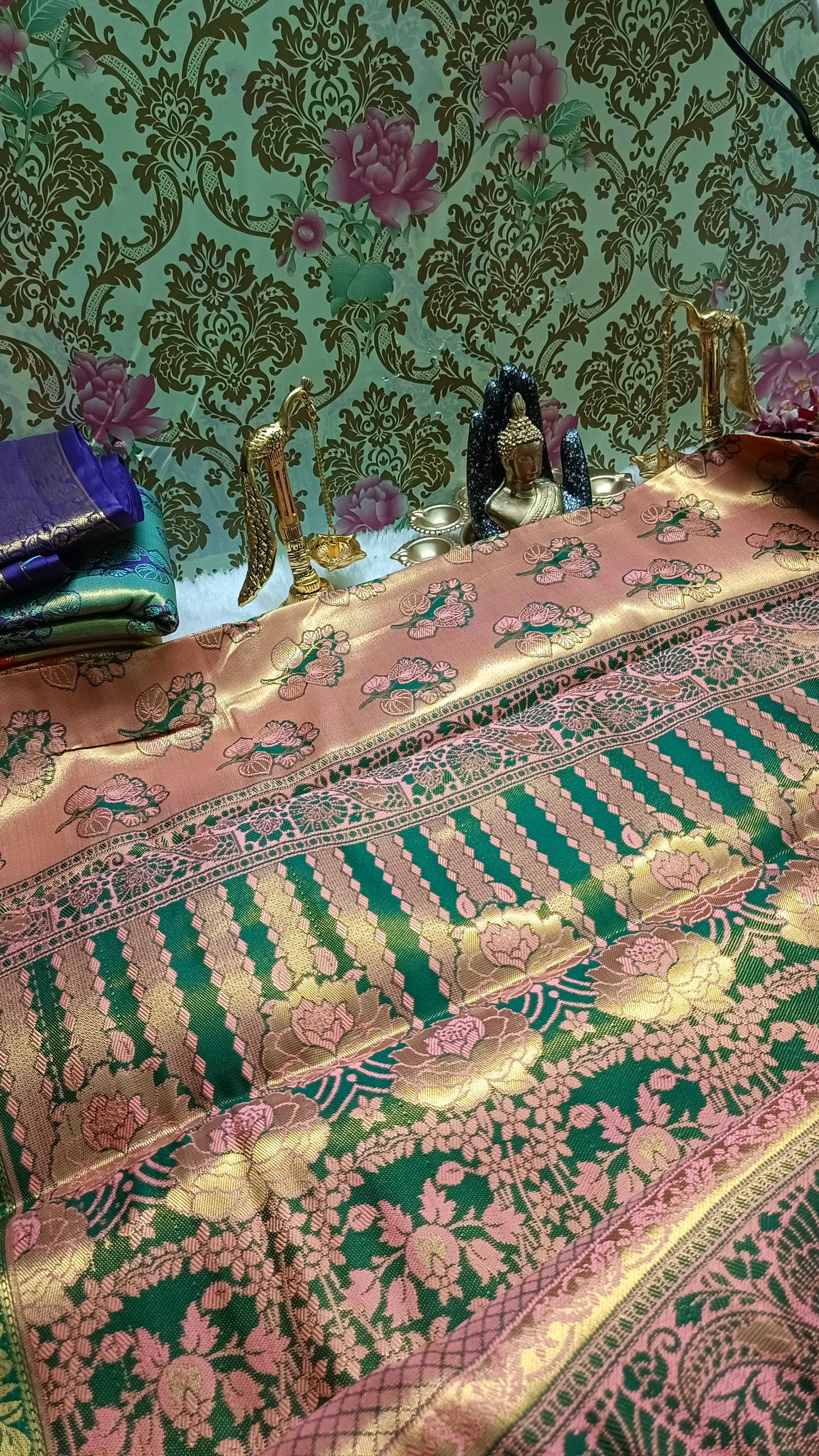 Peach with Green Mangala Pushpam Vegan Kanchi tissue saree JA25295