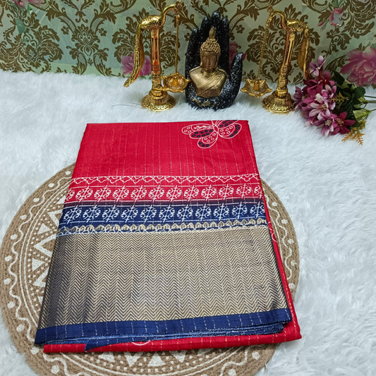 Red with Navy Blue Semi dola butterfly saree SA25719