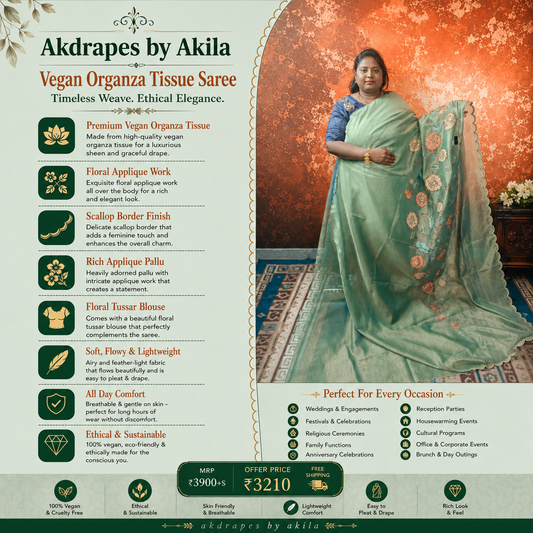 Green Floral symphony applique vegan tissue saree SA25714