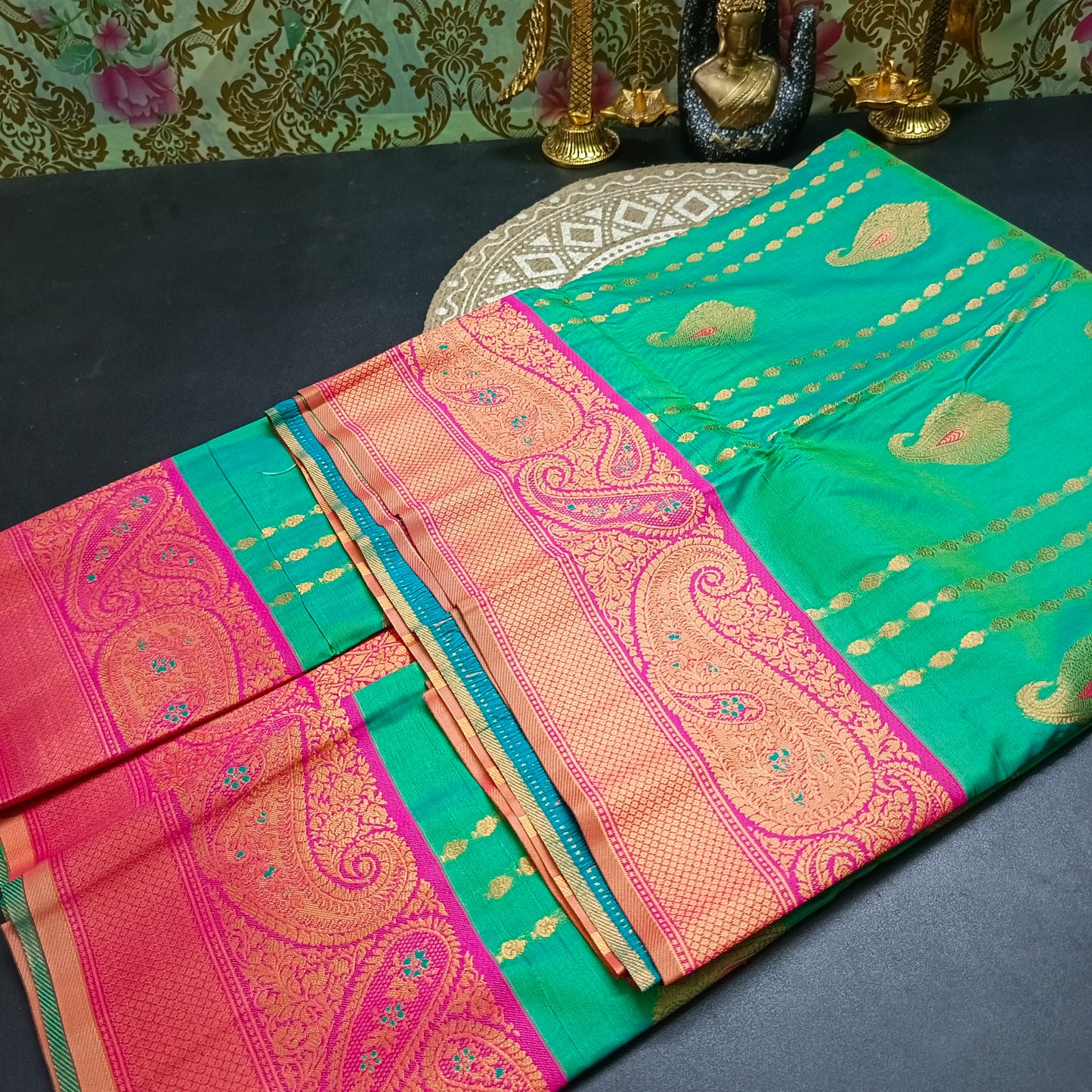 Seagreen Pink Pavazha Pattu vegan Kanchi silk saree MA25136