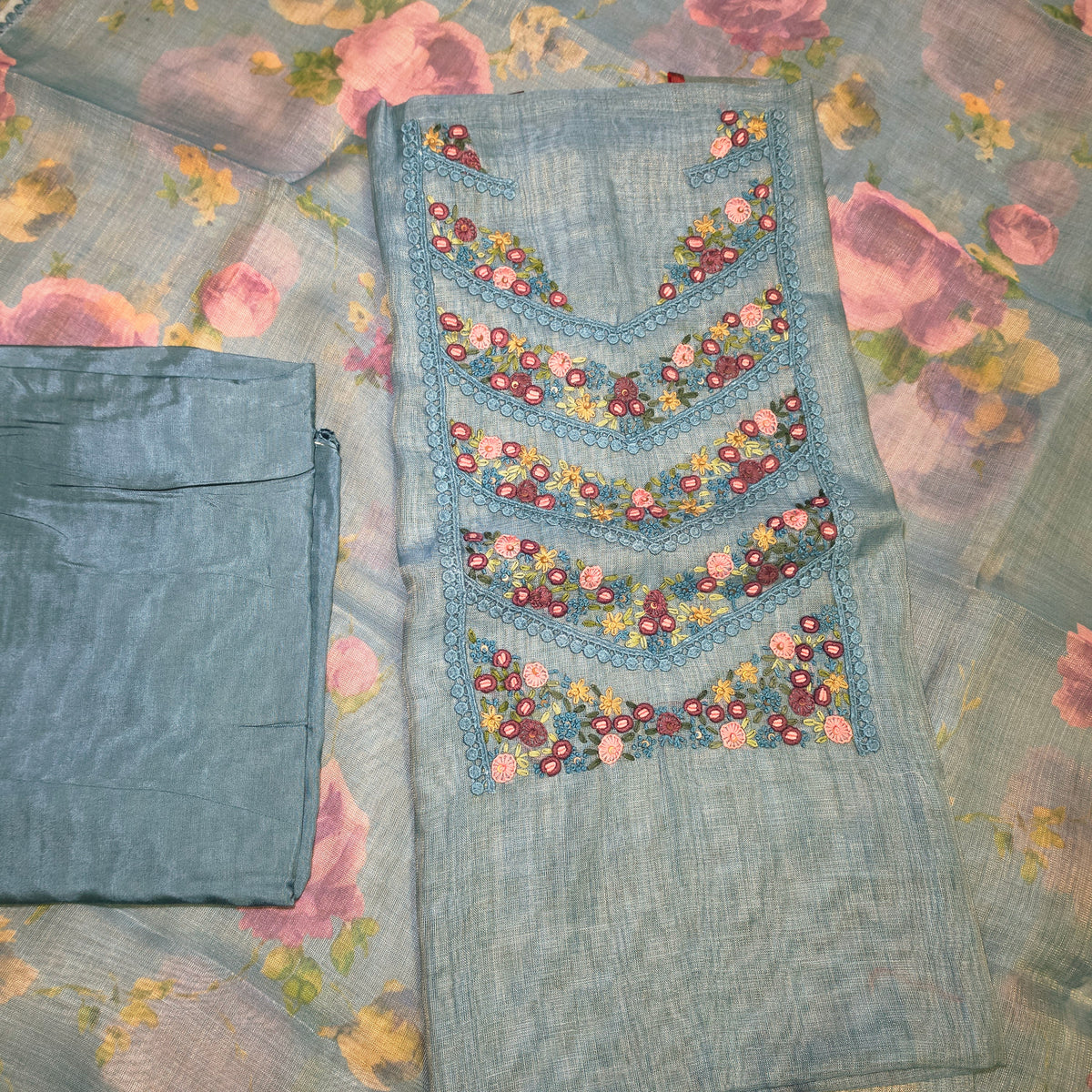 Blue Vegan tissue linen with neck work unstitched suits PA25048
