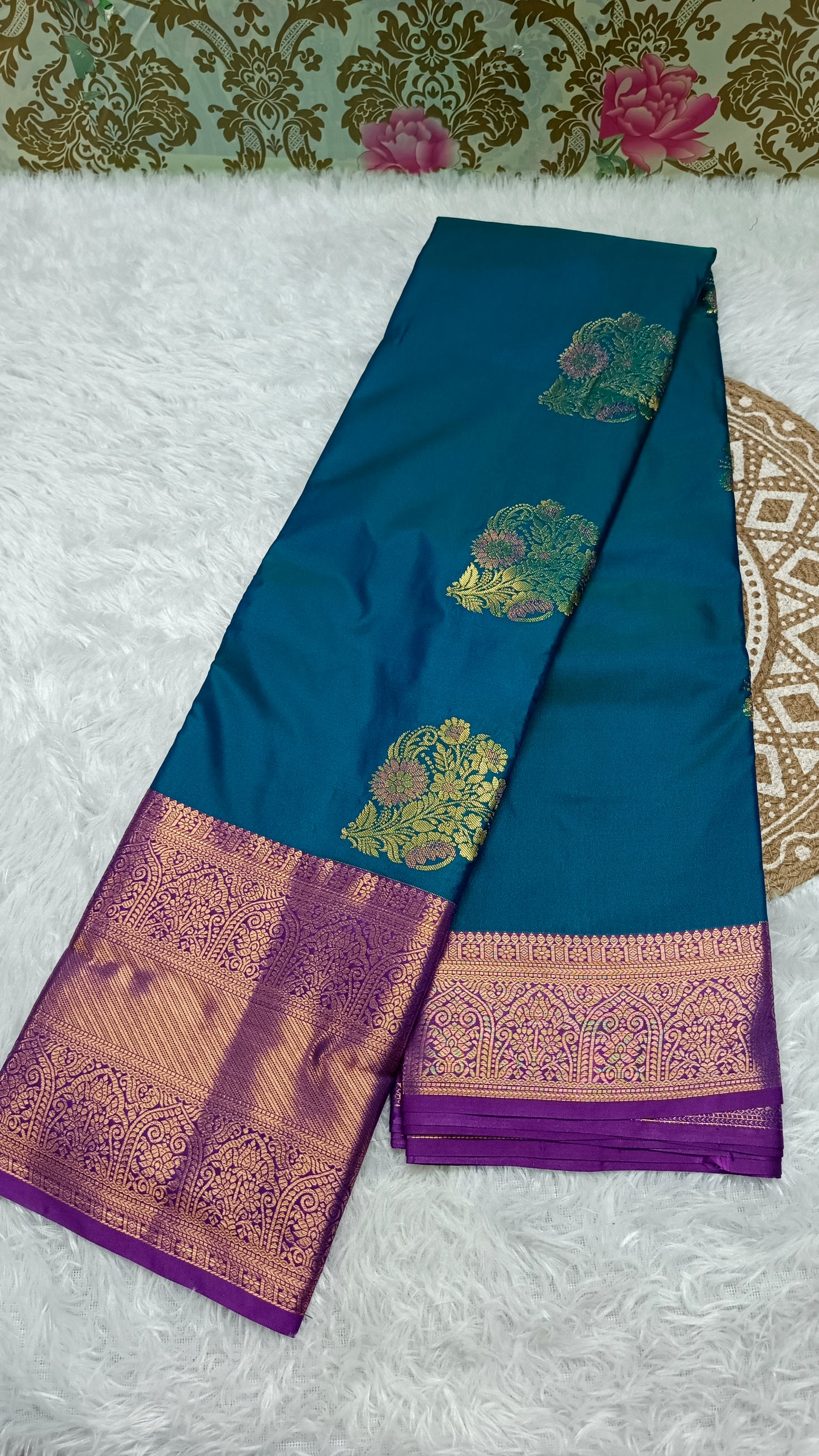 Peacock blue with violet Varnajalam vegan premium kanchi silk saree LA25919