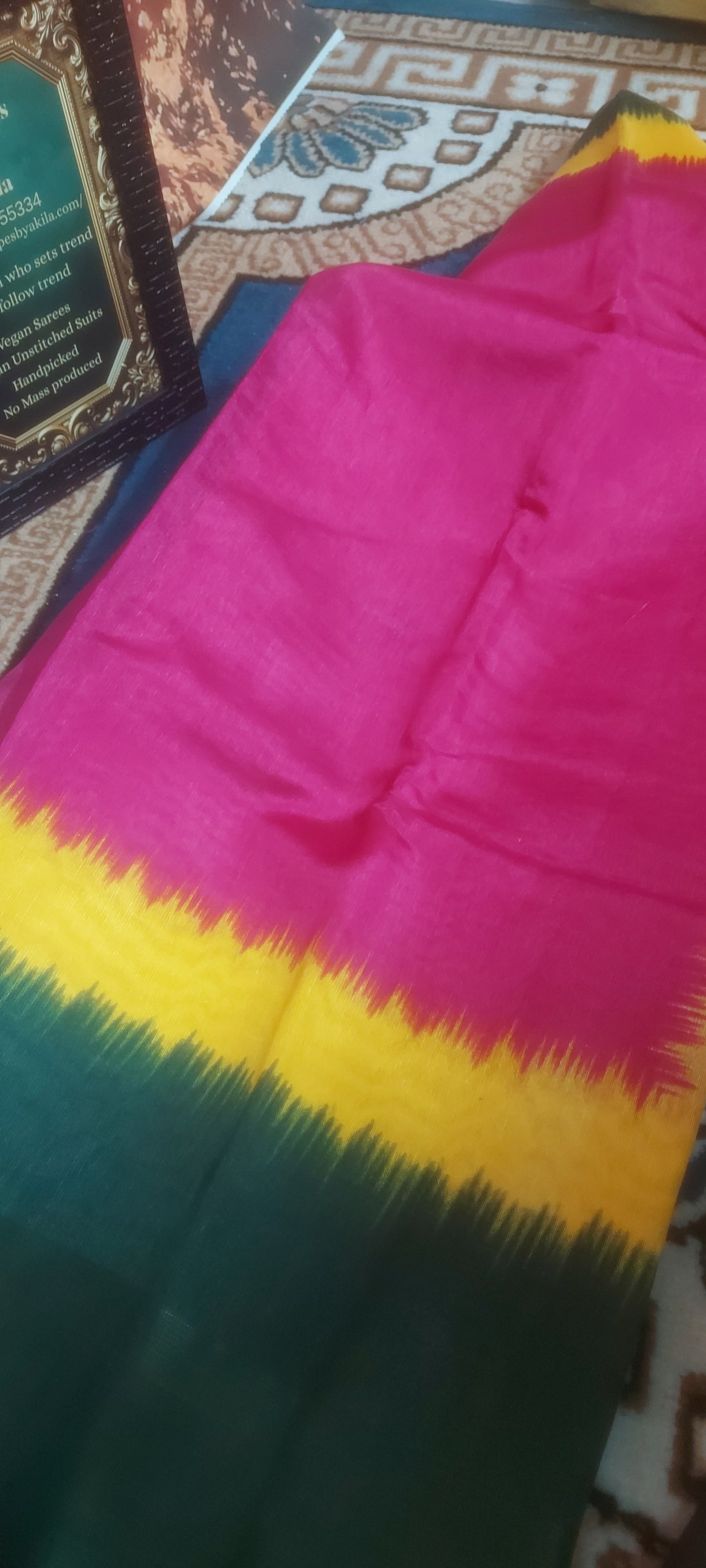 Pink Tricolor vegan linen zari border saree JA26033