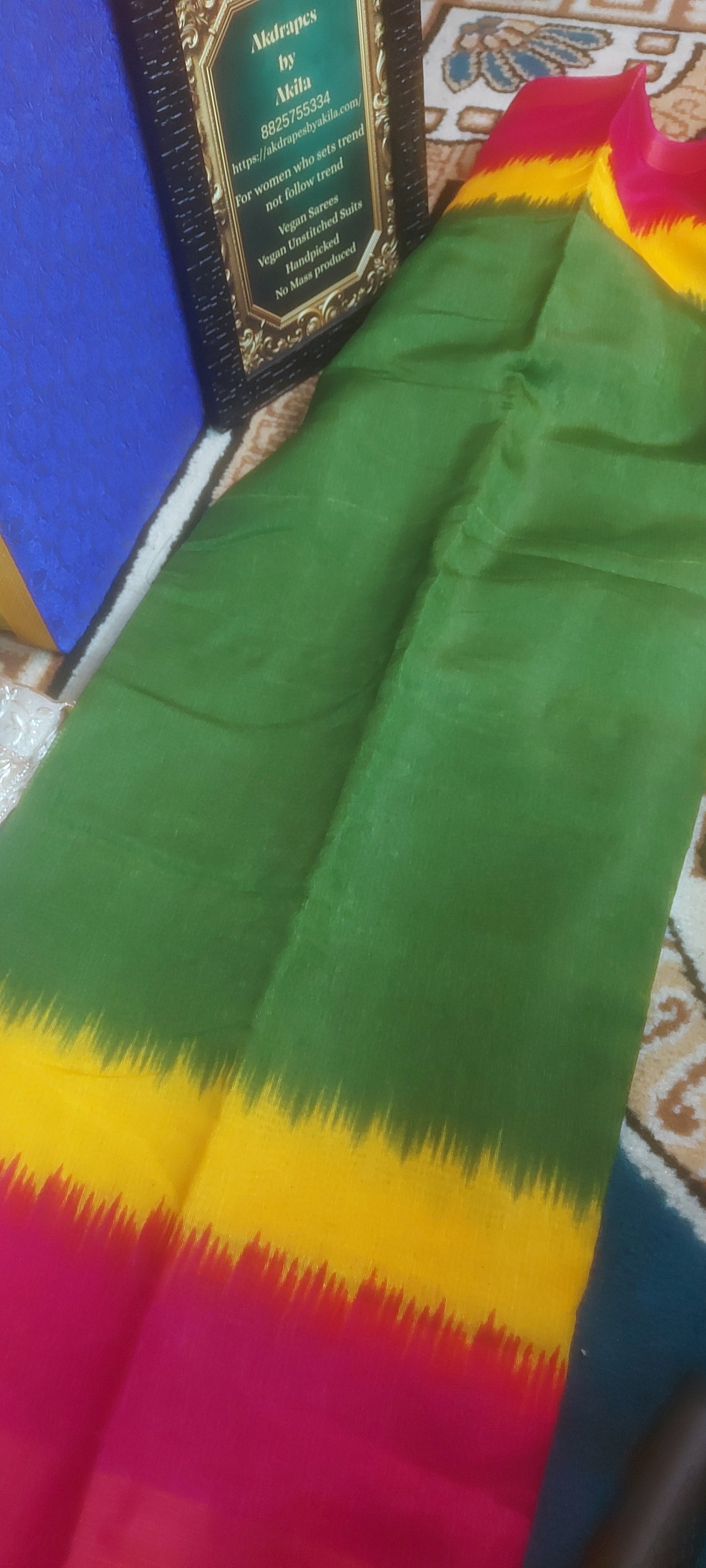 Fern green Tricolor vegan linen zari border saree JA26038