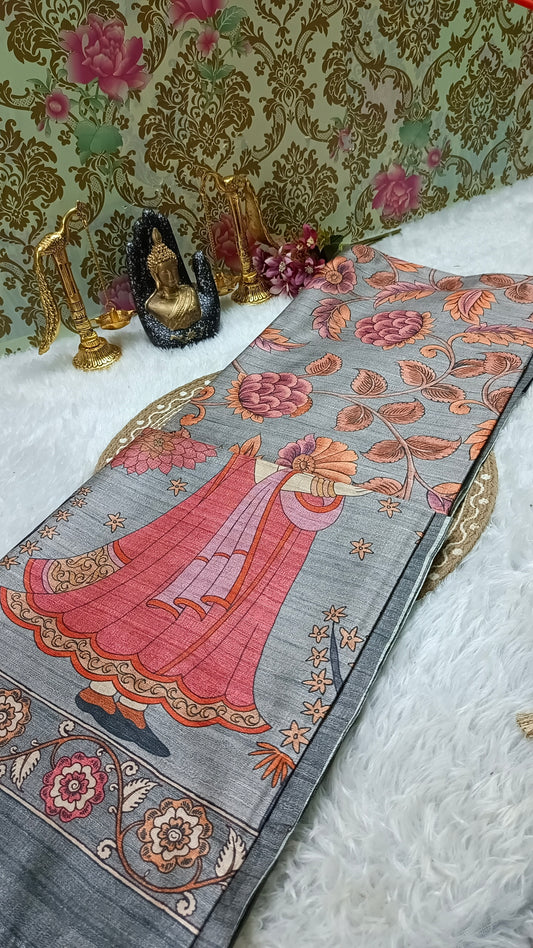 Grey Ritika digital printed kalamkari vegan tussar saree SA25697