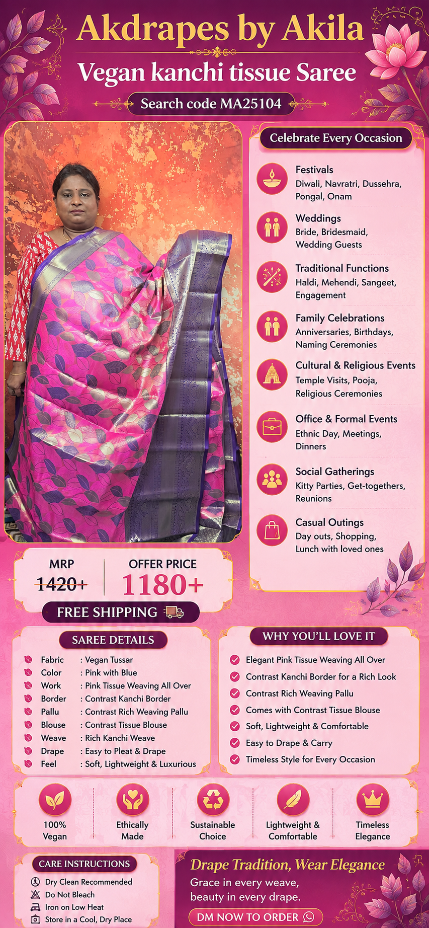 Pink with blue varna valli Vegan kanchi silk saree MA25104