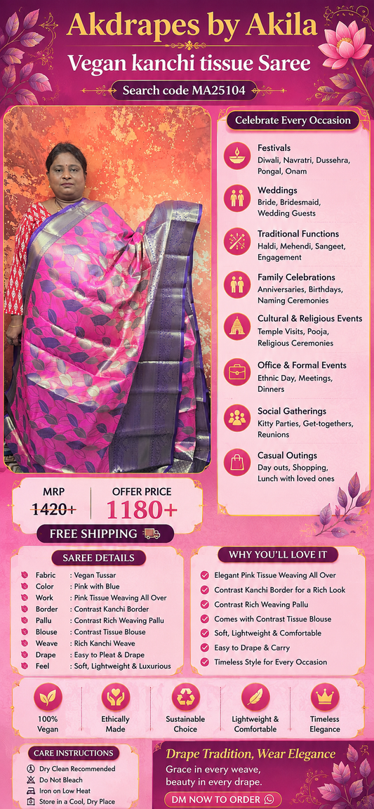 Pink with blue varna valli Vegan kanchi silk saree MA25104