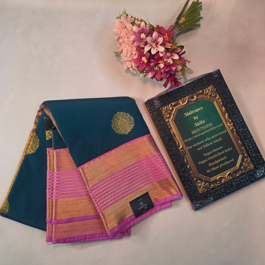Peacock blue pastel pink Parampara vegan kanchi silk saree GA26139
