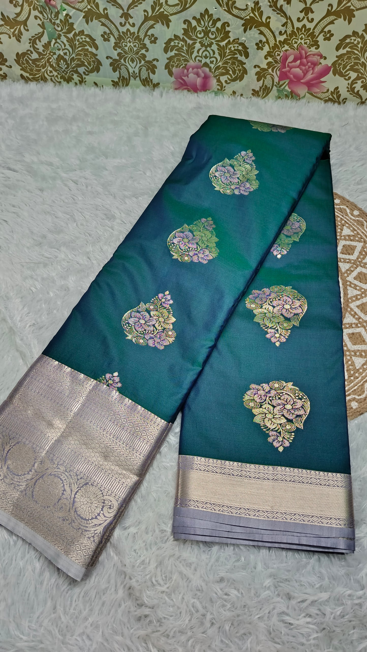 Peacock blue with pastel Varnajalam vegan premium kanchi silk saree LA25914