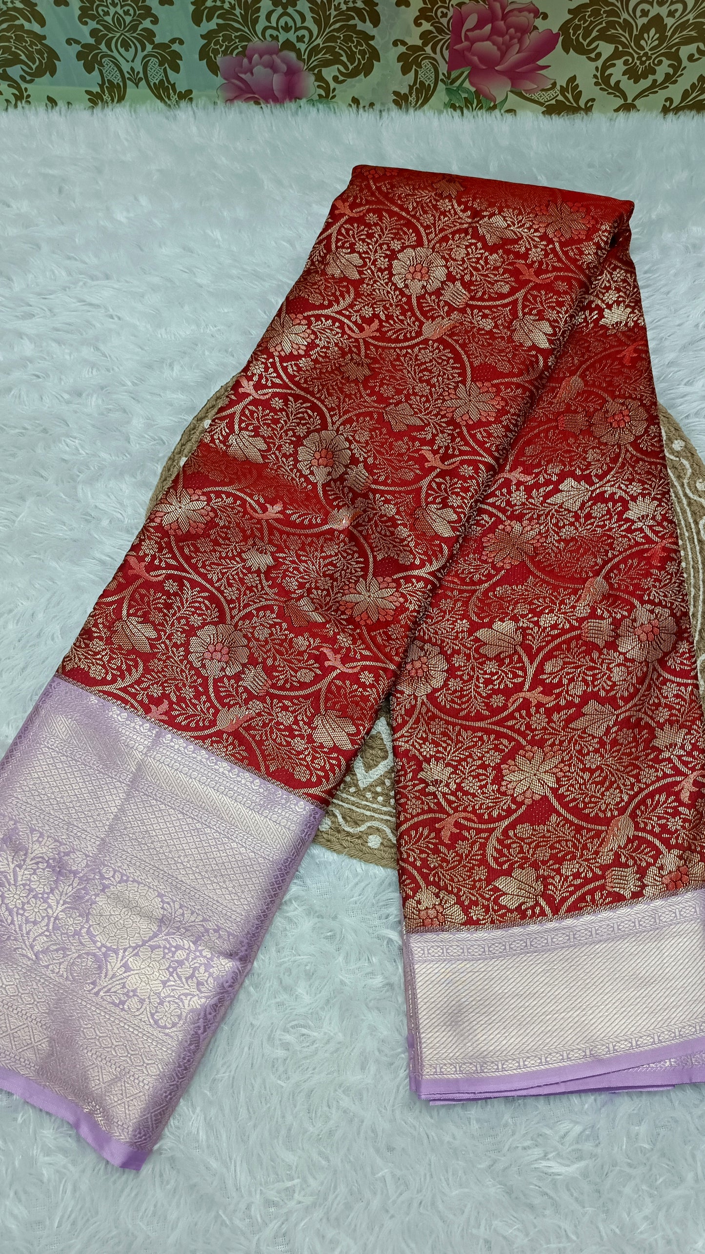 Red with purple Aiswariyam vegan Brocade Kanchi silk saree LA25948