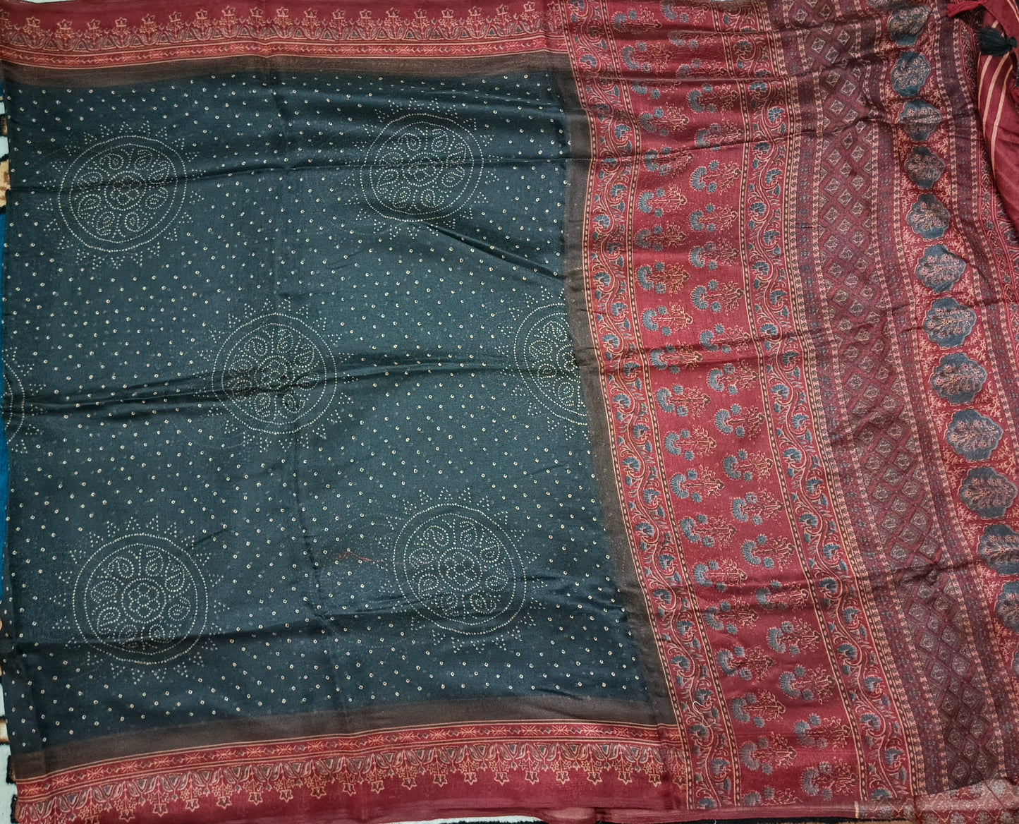 Black Fushion bandhini Ajrakh Malai cotton saree HA25411