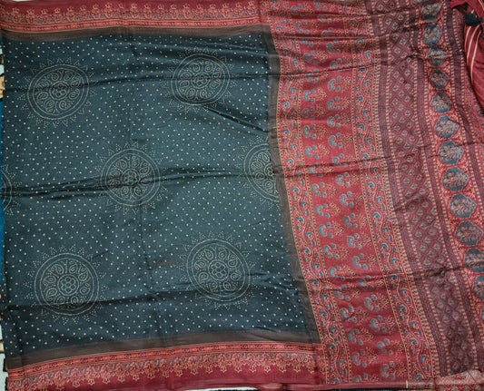 Black Fushion bandhini Ajrakh Malai cotton saree HA25411