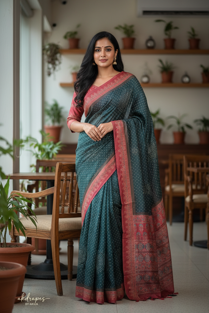 Black Fushion bandhini Ajrakh Malai cotton saree HA25411