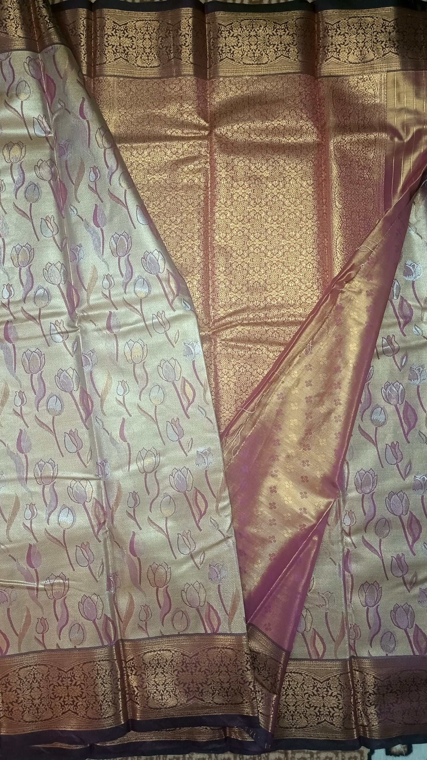 Wine Tulika golden bridal tissue Vegan kanchi saree JA25290