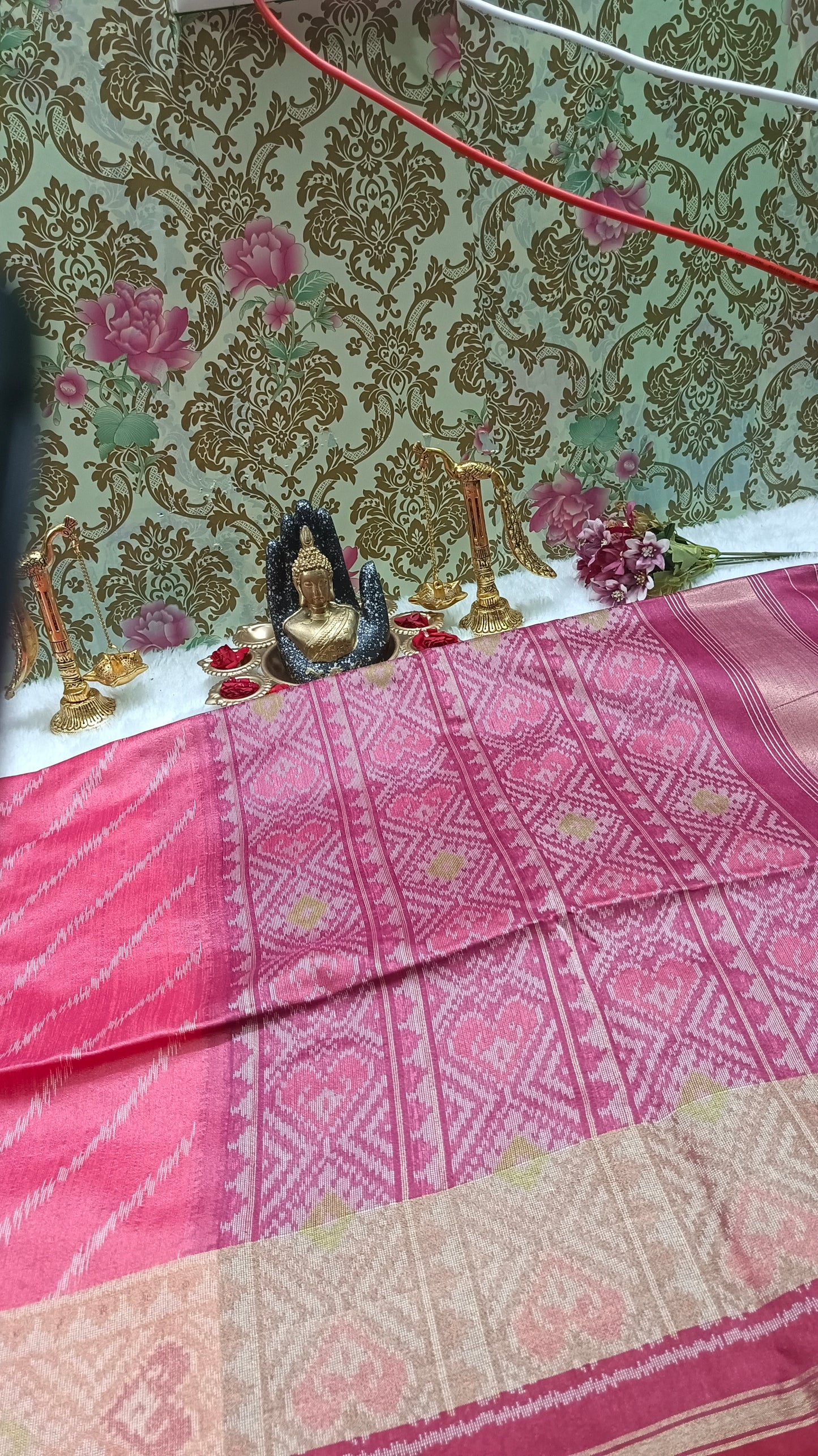 Pink with Majenta Leheriya Handweave Ikkat vegan silk cotton saree HA25433