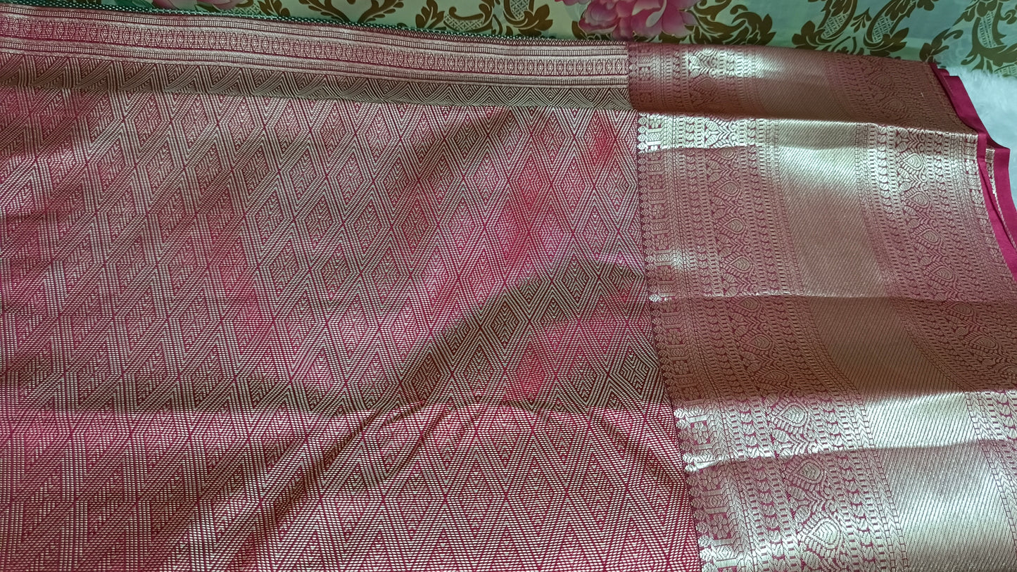 Green with maroon Parijatham Vegan premium kanchi brocade silk saree LA25927