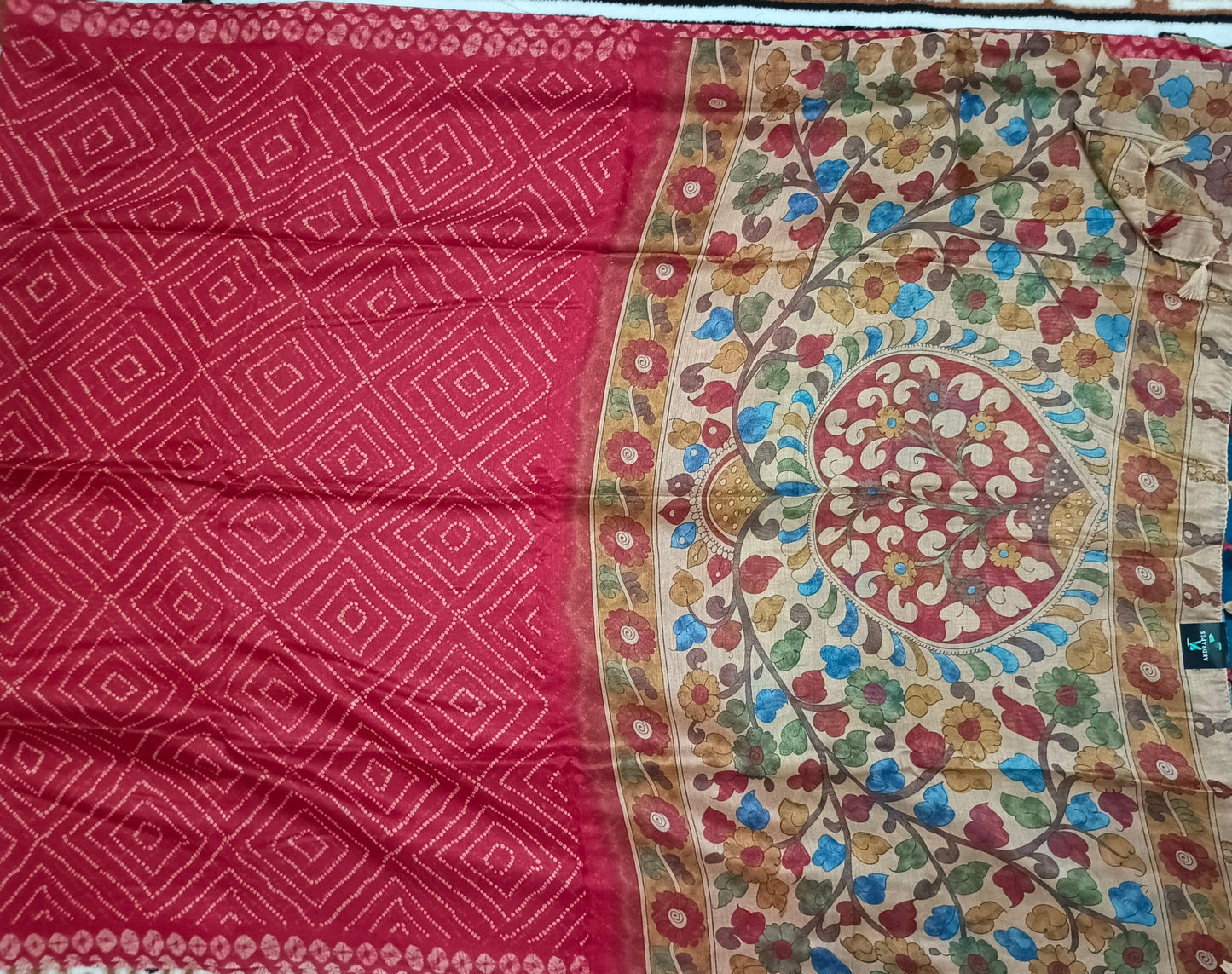 Red Fushion bandhini Kalamkari Malai cotton saree HA25416