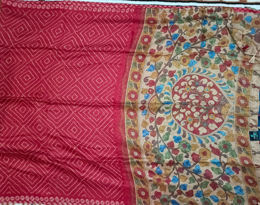 Red Fushion bandhini Kalamkari Malai cotton saree HA25416