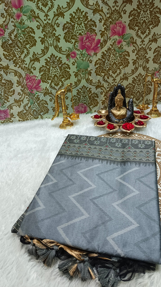 Grey with Black Zigzag Handweave Ikkat Vegan Silk Cotton Saree HA25430
