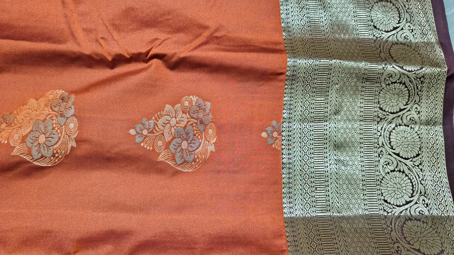 Rust Orange with coffee brown Varnajalam vegan premium kanchi silk saree LA25910