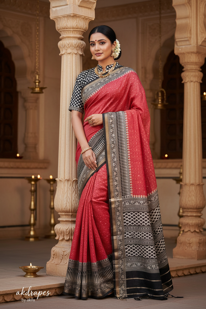 Red Bamboo zari Vegan Chanderi cotton saree HA25463