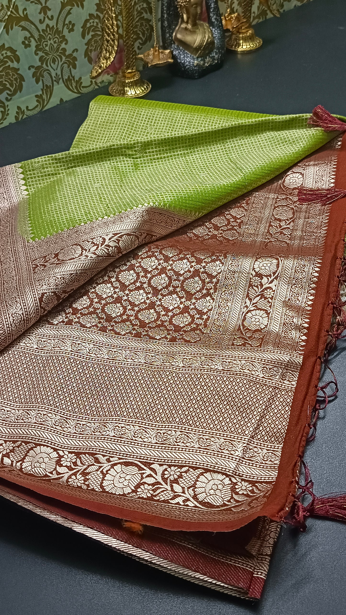 Olive green Zari tara vegan banarasi kaddi georgette saree MA25258
