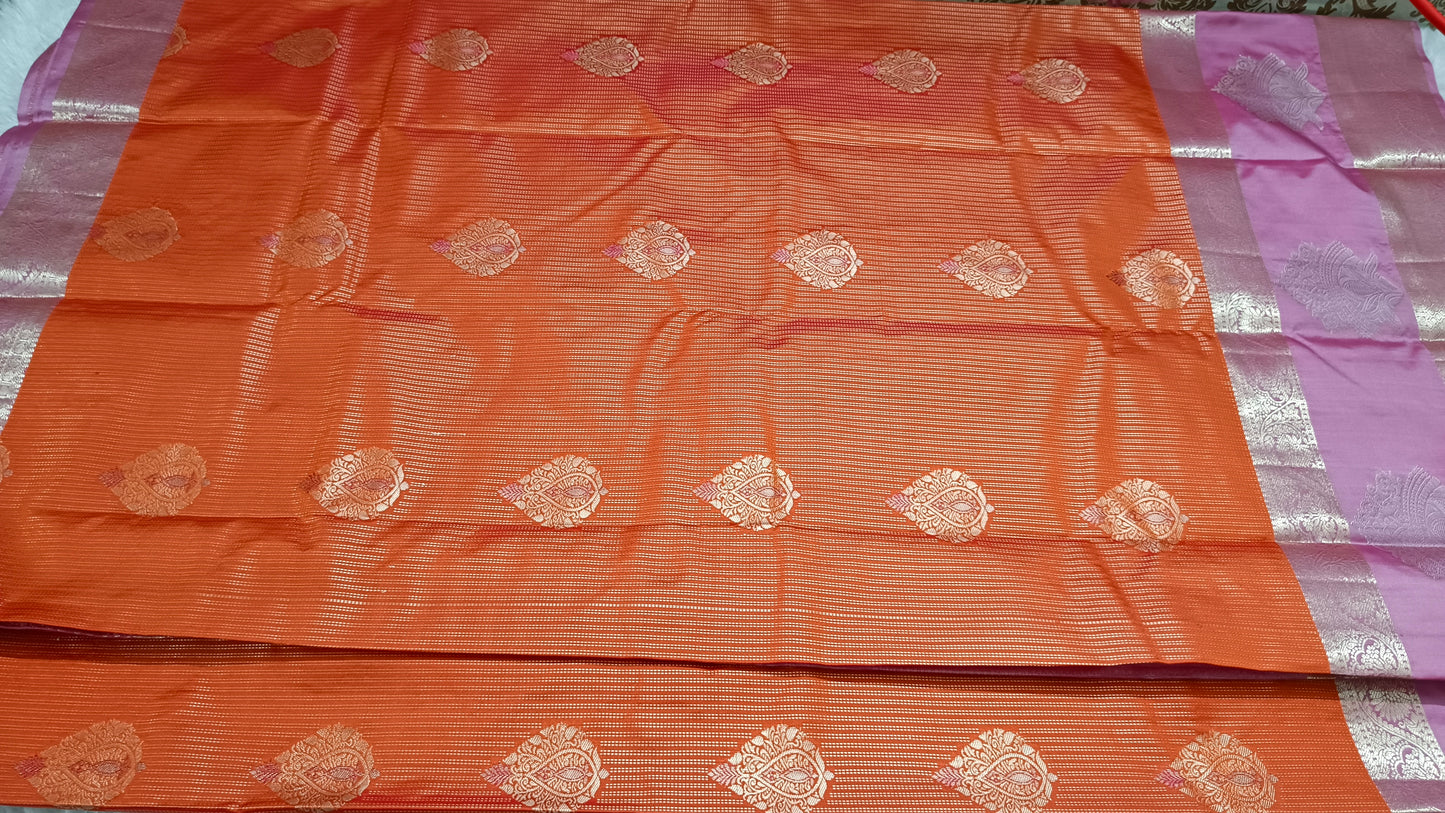 Orange with pastel pink Parijatham Vegan premium kanchi brocade silk saree LA25925