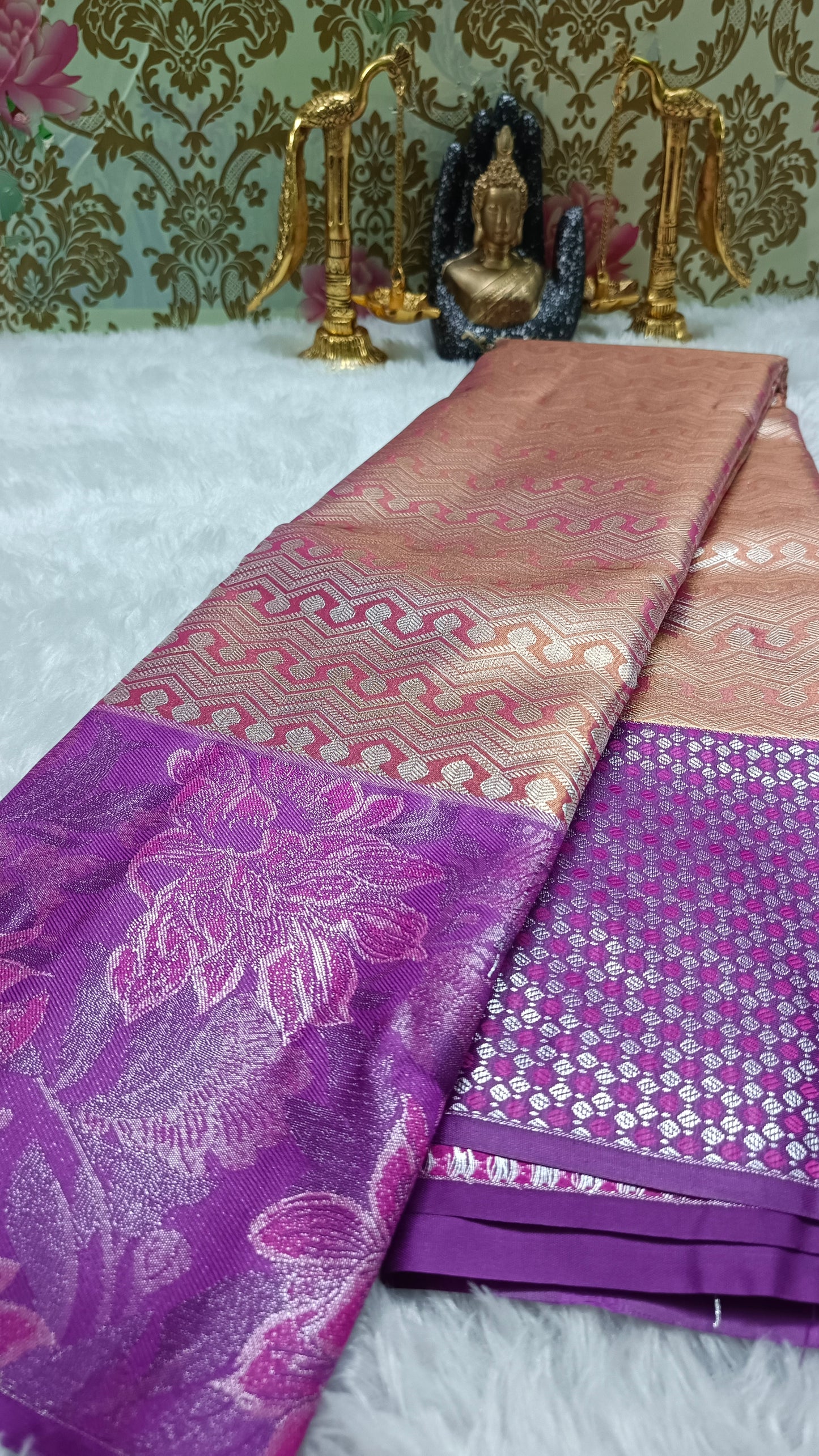 Peach with magenta neelambari bridal vegan tissue kanchi silk saree LA25941