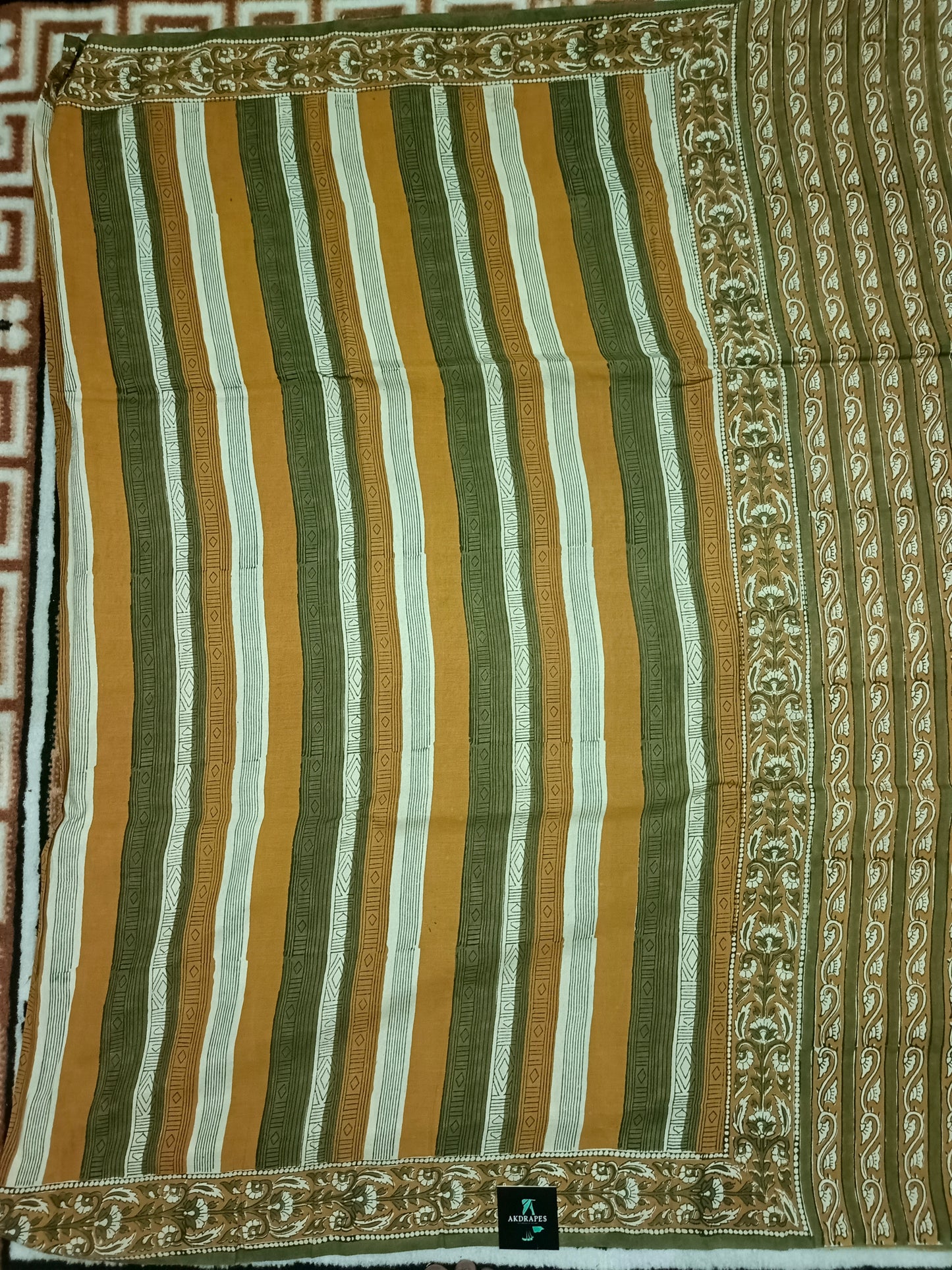 Green Mustard Vegan assam silk cotton bagru printed saree HA25535