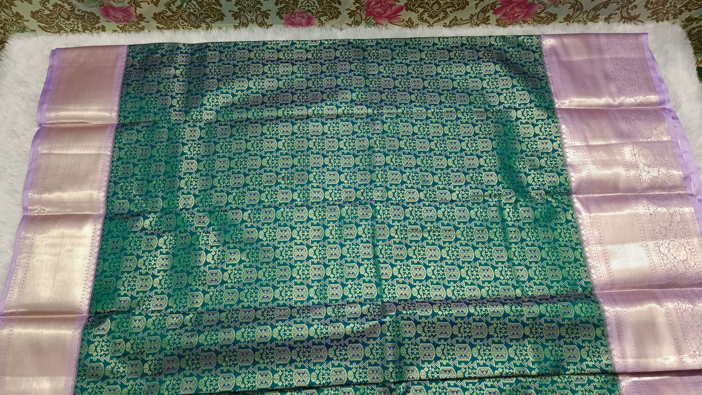 Green with Pastel Purple Aishwariyam Vegan Kanchi Brocade silk saree LA25946